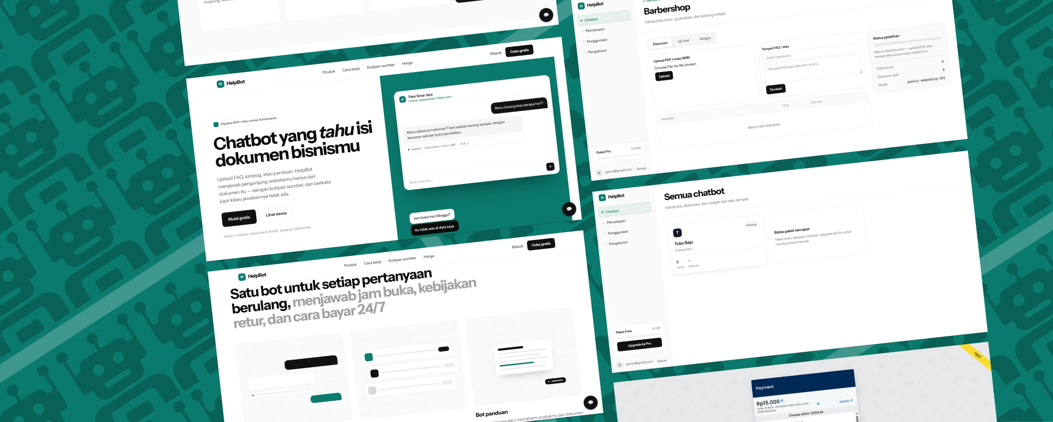 The dashboard listing every bot, its documents and its embed snippet