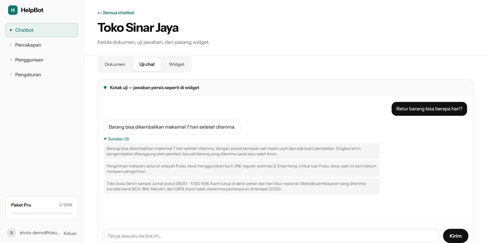 A test answer shown with the document chunks it was built from