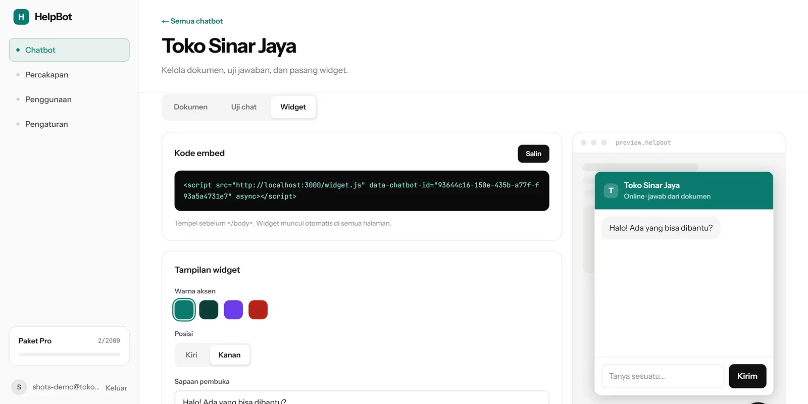 Widget settings beside a live preview running the real widget.js in an iframe