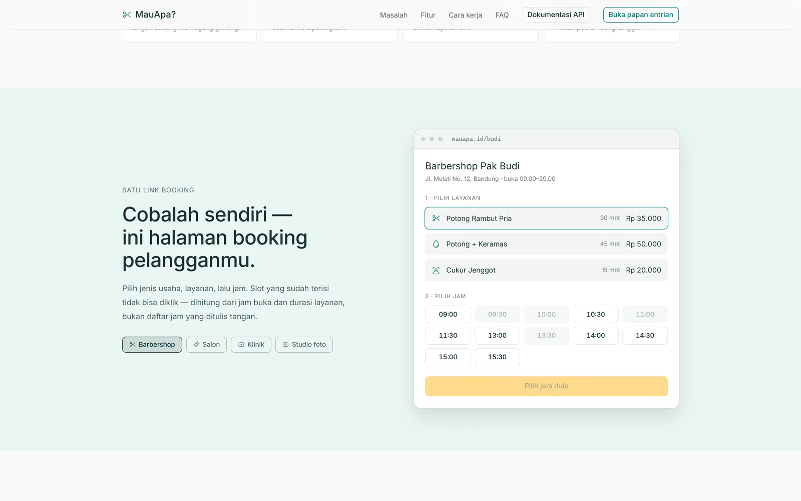 The customer booking page, with unavailable slots computed and disabled