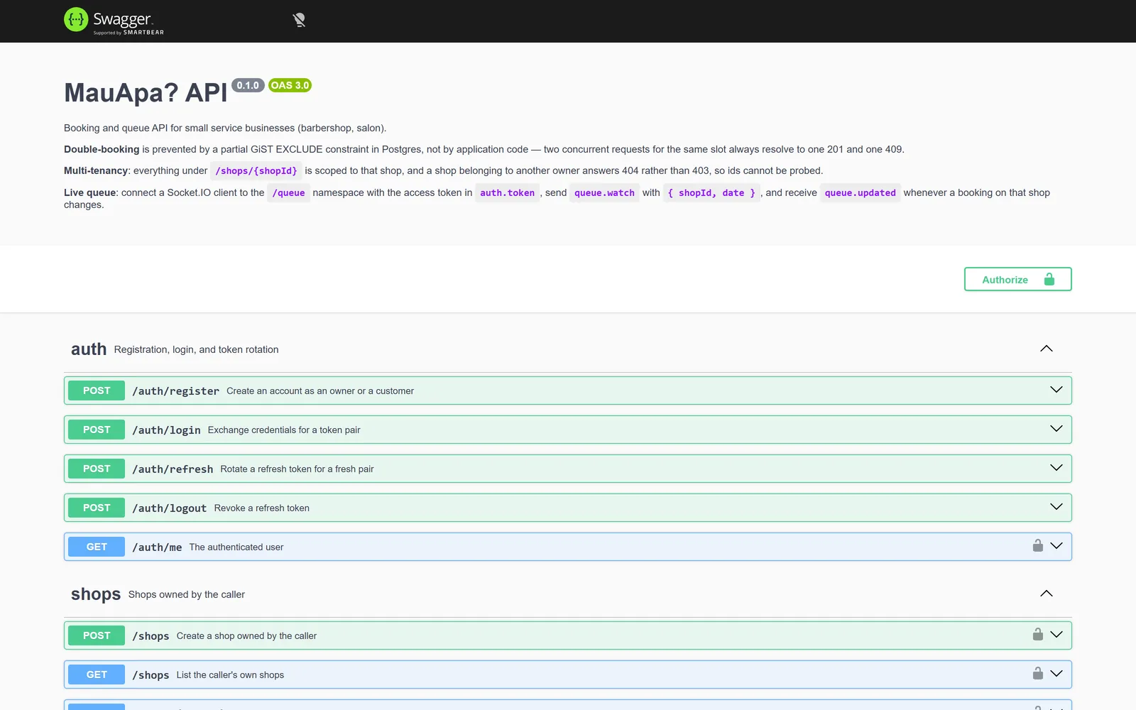 Swagger documenting every endpoint, with the double-booking and tenancy rules stated up front